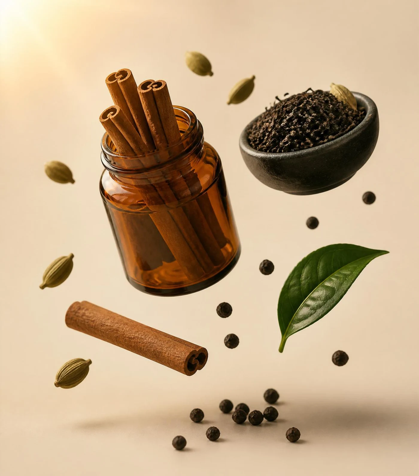 Floating Ceylon spices, tea and cinnamon composition