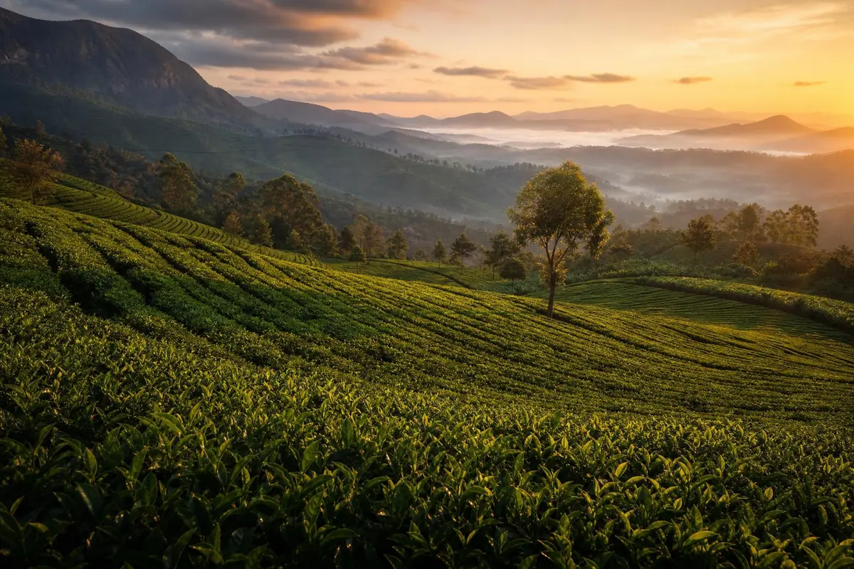 Misty Ceylon tea terraces at dawn